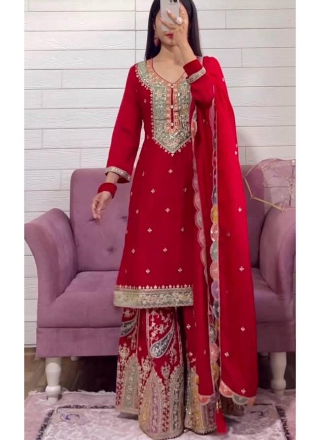 Chinnon Silk Red Wedding Wear Embroidery Work Readymade Sharara Suit